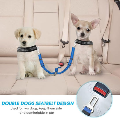 SlowTon Dog Seat Belt, Double Dog Seatbelt Adjustable Vehicle Safety Leash with Elastic Bungee Buffer, Reflective No Tangle Y Shape Two Dog Harness Seat Belt Splitter for Pets Car Trip (Light Blue, S)