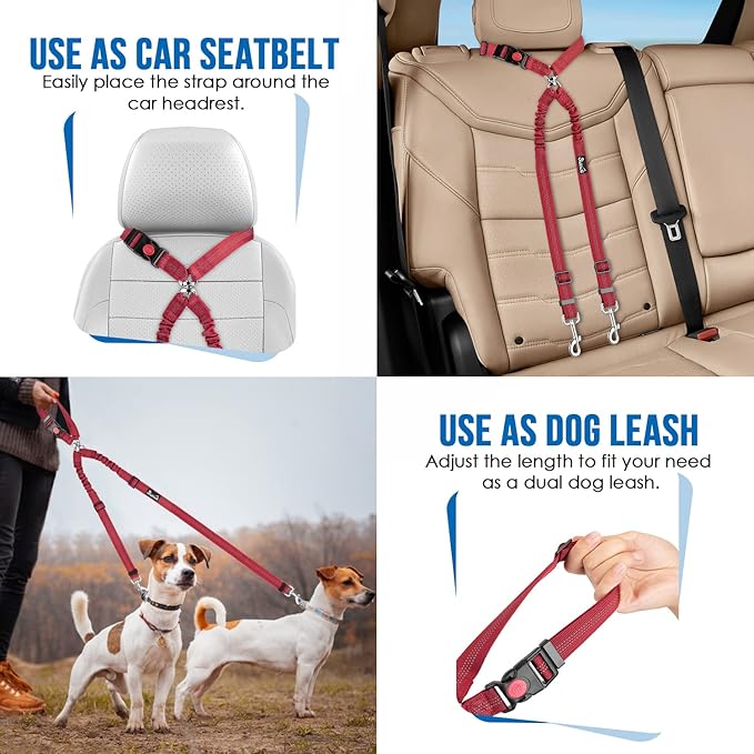 Lukovee Double Dog Seat Belt, New Dual Pet Car Headrest Restraint Safety Seatbelt No Tangle Dog Leash Duty Adjust Elastic Bungee Puppy Lead Splitter Connect Harness in Vehicle Travel for 2 Dogs (Red)