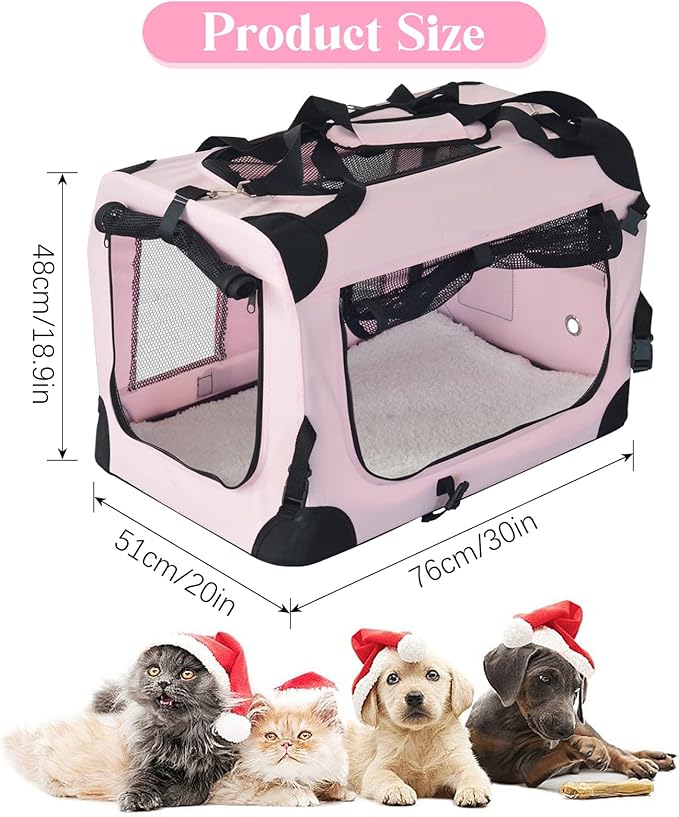 PET Foldable Dog Crate Folding Soft Dog Crate with Carrying Bag Dog Home & Dog Travel Crate Indoor & Outdoor Pet Home (Pink L-30 L 20" W 19" H)