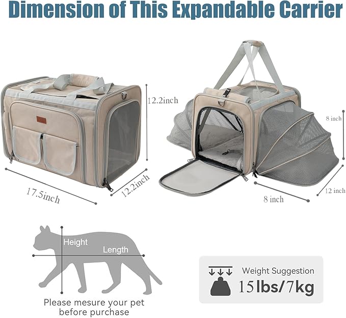 HSC PET Small Dog Carrier Cat Bag,Expandable Soft Travel Handbag for Large Kitty/Puppy/Kittens Sturdy Transport Trip Totes,MAX 25lb,Airline Approved(Khaki,2Sides Expandable)