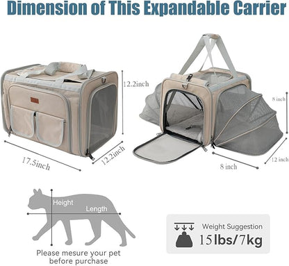 HSC PET Small Dog Carrier Cat Bag,Expandable Soft Travel Handbag for Large Kitty/Puppy/Kittens Sturdy Transport Trip Totes,MAX 25lb,Airline Approved(Khaki,2Sides Expandable)