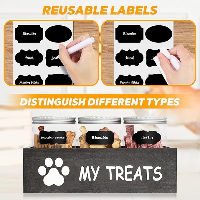 Dog Treat Jar for Countertop - Dog Treat Container with 3 Jars - Pet Food Organizer For Puppy - Airtight Grey Wooden Dog Treat Storage With Lids - Great Gift for Pet Dog Owners