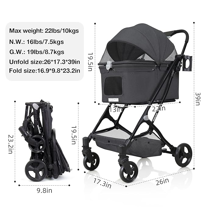 R4 Pet Stroller for Small Dogs & Cats 180° Canopy