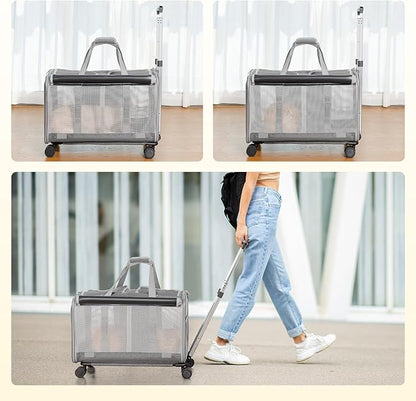 Sedioso Double Cat Carrier with Wheels, 24" L x 14.5" W x 14" H Extra Large Cat Carrier for 2 Big Cats, Soft Rolling Pet Carrier for Dogs Up to 40 Lbs, Double-Compartment Foldable Pet Carrier (Grey)