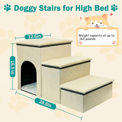 Fhiny Dog Stairs with Storage 3-Steps Foldable 160 lbs