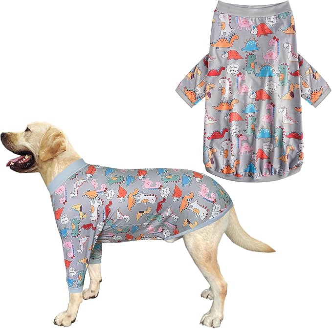 Dinosaur Dog T Shirts Cute Dinosaur Pattern Printed Apparel Shirt for Large Dogs Softable Stretchy Pet Clothes (L, Grey Dinosaur)
