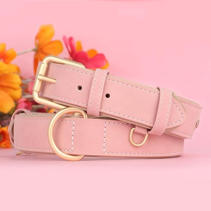 Didog Soft Padded Leather Dog Collar, Adjustable Pink Dog Collar for Large Dogs, Heavy Duty Dog Largr Collar Leather with Metal Buckle and D Ring,Pink,XL