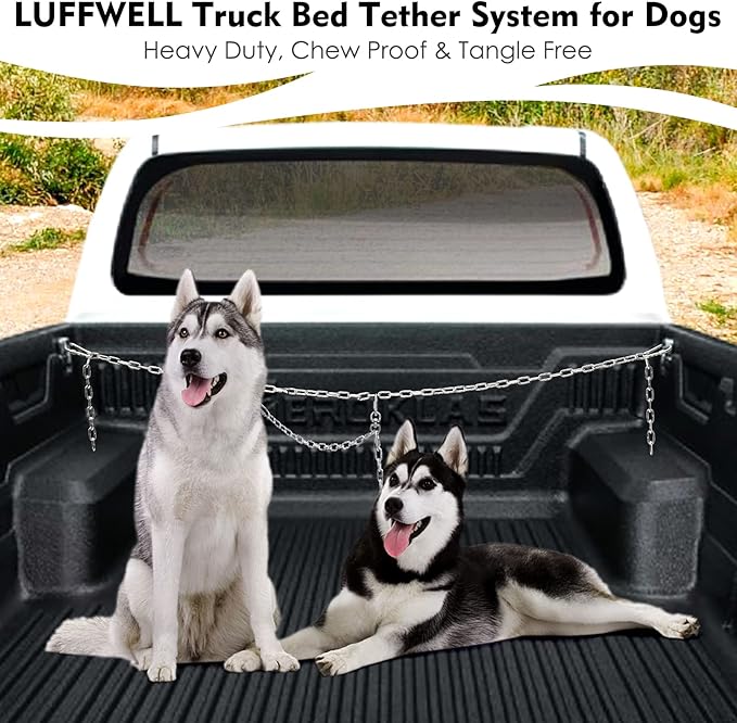 Chain Dog Truck Bed Cross Tether, Chew Proof Truck Bed Dog Leash System for Two Dogs, Heavy Duty Dog Vehicle Bed Restraints Tie Down Tether, Metal Pet Bed Harness Barrier Lead for Pickup, Car, Trucks