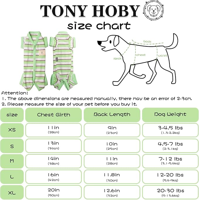 TONY HOBY Dog Pajamas, Dog Jumpsuit 4 Legged Pajamas with Green Stripe, Female Dog Pajamas Pet Clothes for Small Medium Size Dog (Green&White, Girl, XS)