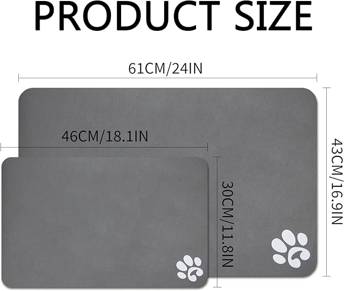 YCT Pet Cat Food Mats for Dog Food Mat, Cat Mat for Food, Pet Dog Cat Feeding Mat Eating Mat Pet Dog Cat Bowl Mats, Non-Slip Super Absorbent, with Footprints Logo，24 x 16.9 inches, Dark Grey