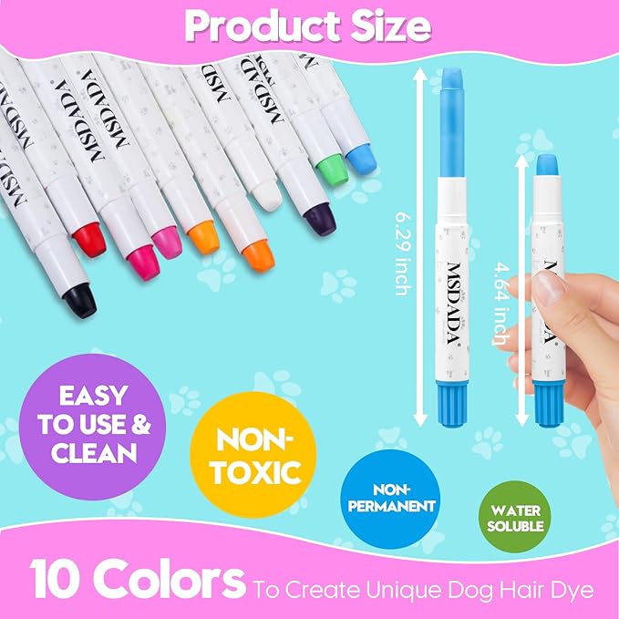 MSDADA 10 Color Washable Dog Hair Dye Paint Temporary Pet Fur Markers Safe Hair Color Crayons for Small to Large Boy & Girl Puppy Stuff Accessories