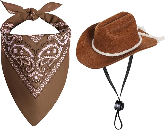 choyaxo Dog Cowboy Hat Dog Cowboy Costume for Small Pet Dogs Cat Cowboy Hat with Bandana Scarf Set Party Accessories (Brown)