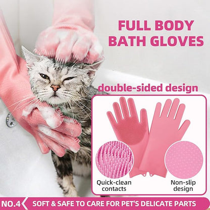 Bath Grooming Kit for Pets - Hair Brush Set with Towel, Washing Gloves, and Shampoo Scrubber Brush for Dogs and Cats (Pink)