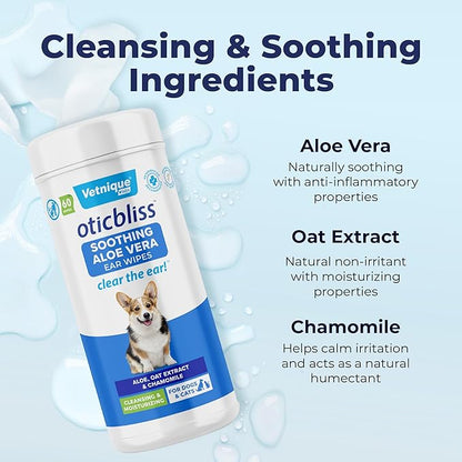 Vetnique Labs Oticbliss Ear Cleaner Wipes/Flushes for Dogs & Cats with Odor Control and Itch Relief Reduces Head Shaking
