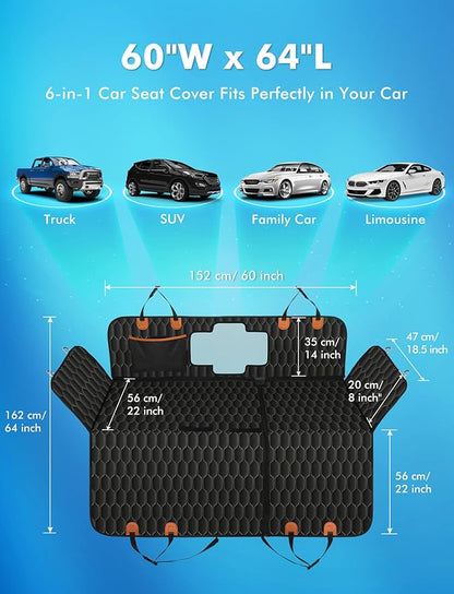 Dog Car Seat Cover for Back Seat 6-in-1 Waterproof 100% Scratchproof 60"x64"