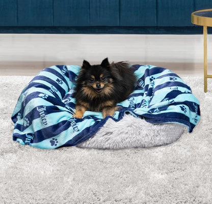 Juicy Couture Navy/Turquoise Blue Stripe Dog Blanket – Plush Puppy Blanket Throw, Printed, Breathable, Lightweight, Machine Washable, Cat Blanket for Small Medium & Large Pets