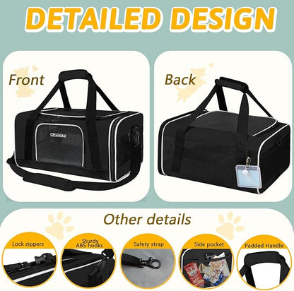 Petskd Pet Carrier 17x11x9.5 Alaska Airline Approved,Pet Travel Carrier Bag for Small Cats and Dogs, Soft Dog Carrier for 1-10 LBS Pets,Dog Cat Carrier with Safety Lock Zipper(Black)