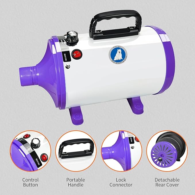 Pet Grooming Dryer with Adjustable Speed for Dogs | Quiet and Powerful Dog Hair Dryer | includes Different Nozzles, Pet Towel, and Brush | Ideal for Pet Grooming and Home Use (White purple)