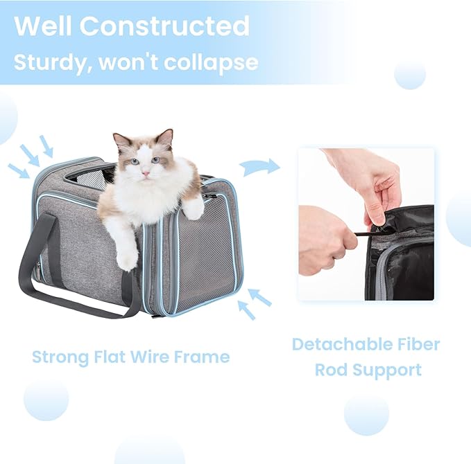 Petsfit Expandable Large Cat Carrier Small Dog Carriers Airline Approved, 17" Lx 11" Wx 11" H Soft-Sided Portable Washable Pet Travel Carrier with 2 Extension for Kittens, Puppies, Rabbits