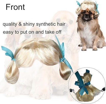 Funny Dog Wig Pet Costumes, Cat Costume Synthetic Hairpiece Cosplay Wigs, Headwear for Halloween Christmas Festivals Party Decor, Fancy Dress,Average Size for Most Dog Cat,Palr Blonde for Braid