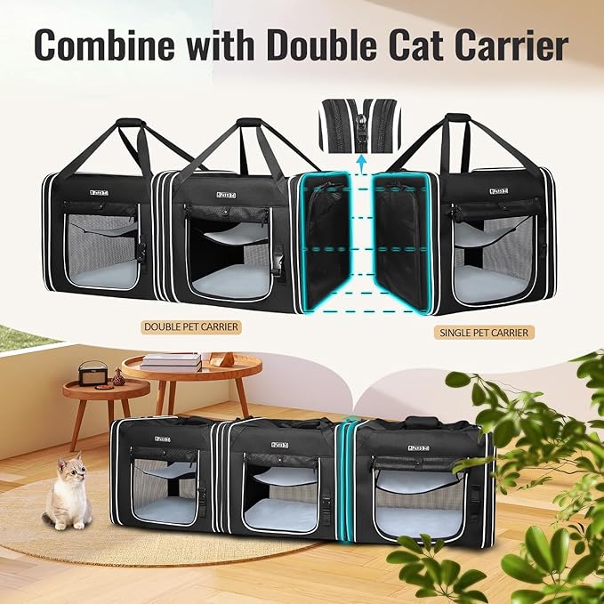 Petskd Combinable Pet Carrier for Large Cat or Medium Dog, 18"x17"x17" Large Cat Carrier for Car Travel, 2 Small Pet Soft Carrier with Food Bag, Bowl and Safety Locking Zippers for Vet, Camping