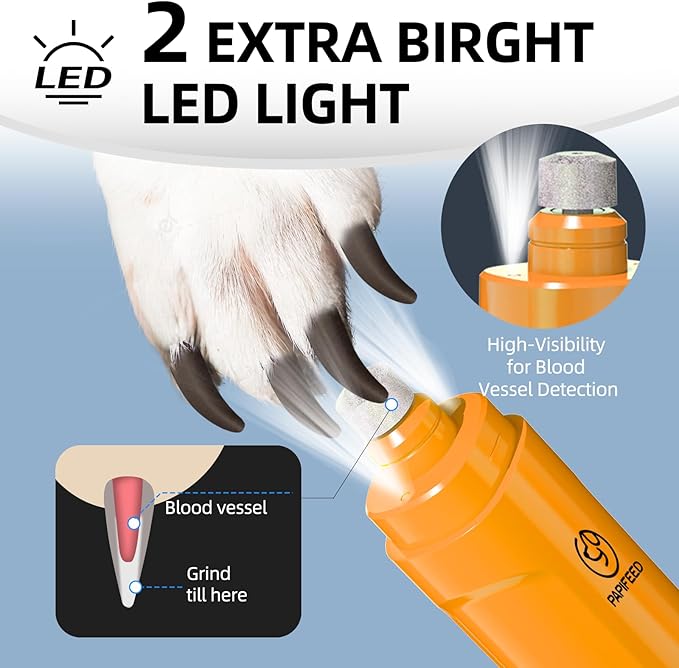 Dog Nail Grinder with 2 LED Light,3-Speed Rechargeable Dog Nail Trimmer, Upgraded Powerful Electric Dog Toe Nail File Quiet Painless, Paws Grooming for Small Medium Large Dogs -Orange