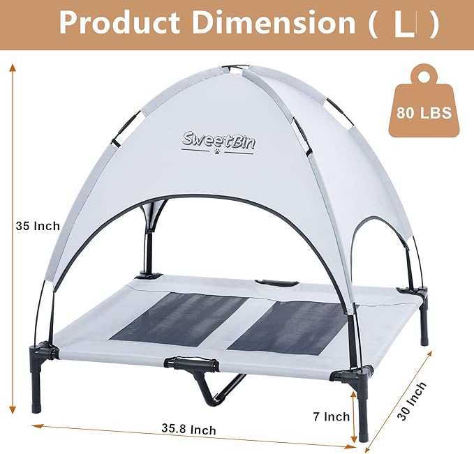S/M/L Outdoor Elevated Dog Cot with Canopy & Side Shade for Camping Small Medium Dogs (Carry Bag)