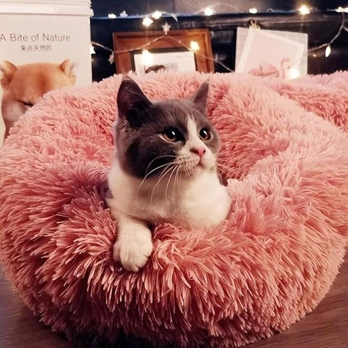 otoez Kitten Puppy Bed Extra Small XS Round Dog Cat Beds Anti Anxiety Plush Pet Calming Donut Bed with Non-Slip Waterproof Bottom (15.7", Pink)
