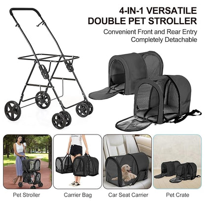 Double Pet Stroller for Dogs and Cats with 2 Detachable Carrier 4 Wheels,