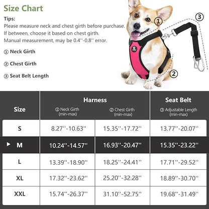 Dog Vehicle Safety Vest Harness, Adjustable Soft Padded Mesh Car Seat Belt Leash Harness with Travel Strap and Carabiner for Most Cars, Medium Size, Magenta