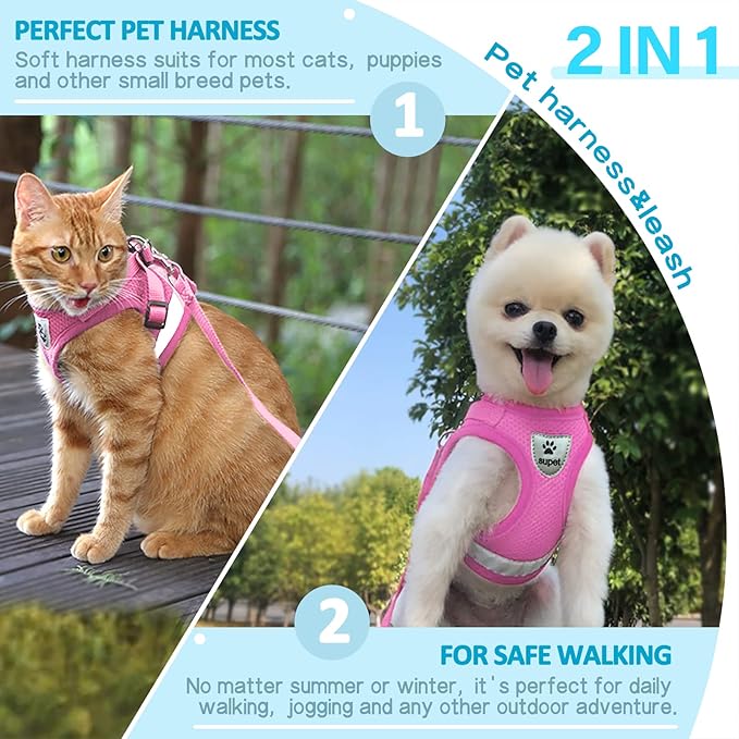 Supet Cat Harness and Leash Set for Walking Cat and Small Dog Harness Soft Mesh Harness Adjustable Cat Vest Harness with Reflective Strap Comfort Fit for Pet Kitten Puppy Rabbit