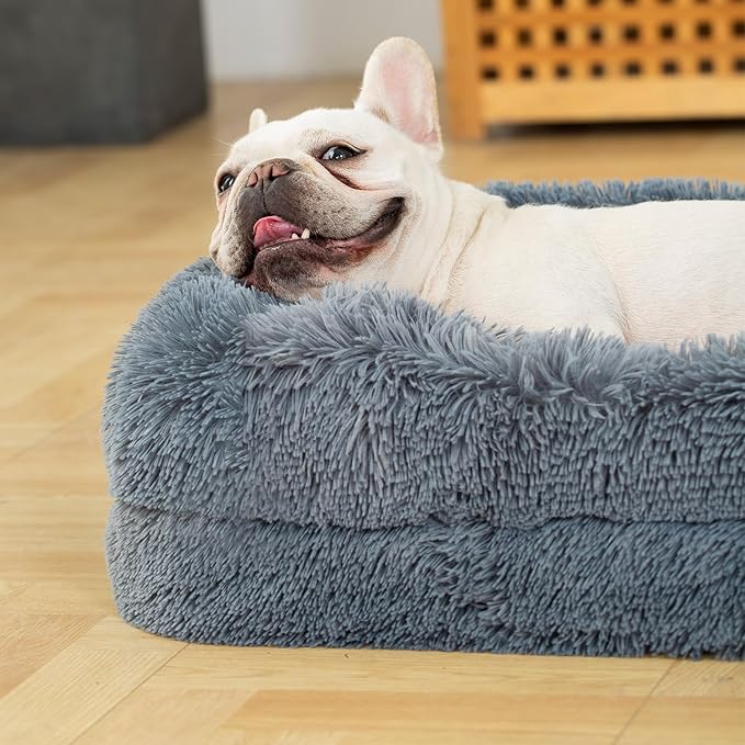 2 in 1 Calming Dog Beds for Medium Dogs, Dual Layer Orthopedic Egg Crate Foam & Memory Foam Faux Fur Shag Pet Mattress Warming Rectangle Cuddle Bed Comfy Anti Anxiety, Washable Cover Anti-Slip