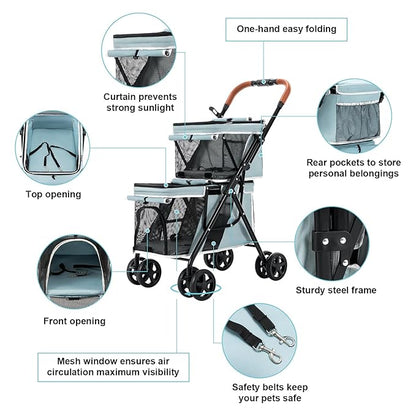 Double Pet Stroller for Dogs and Cats 4 Wheels,