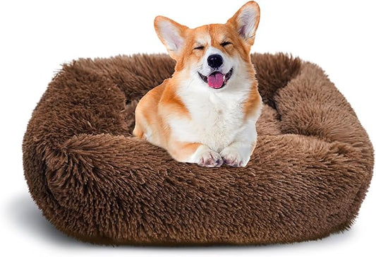 31 Inch Calming Dog Beds for Small Medium Large Dogs, Soft Faux Fur Fluffy Cuddler Cat Bed, Washable Rectangle Anti-Slip Plush Pet Bed, Coffee