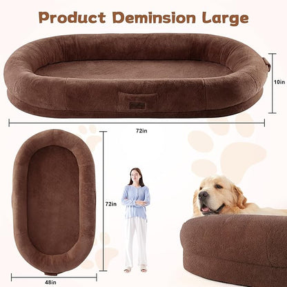 Yojoker Human Dog Bed for People Adults, Giant Bean Bag Bed with Blanket 72"x48"x10", Washable Faux Fur Nap Bed Adult Oval for People, Removable Large Memory Foam Human Sized Dog Bed Brown