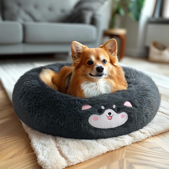 Veehoo Donut Calming Dog Beds for Small Medium Dogs-Round Cute Dog Bed Comfort Pet Bed 23" Dark