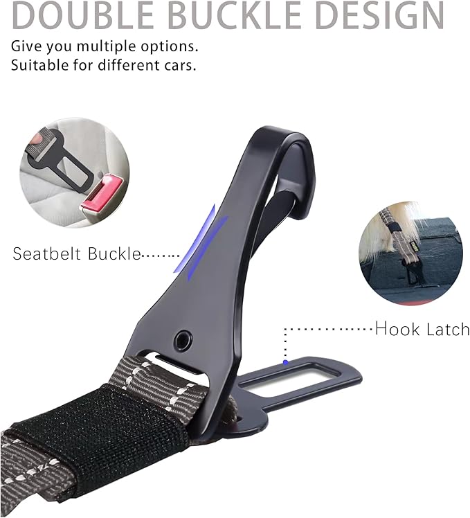 AUBELL Dog Seat Belt, Updated 3-in-1 Pet Car Seat Belt for Dogs, Bungee Dog Car Tether with Clip Hook Latch & Buckle, Heavy Duty Dog Car Harness with Swivel Aluminum Carabiner,Grey