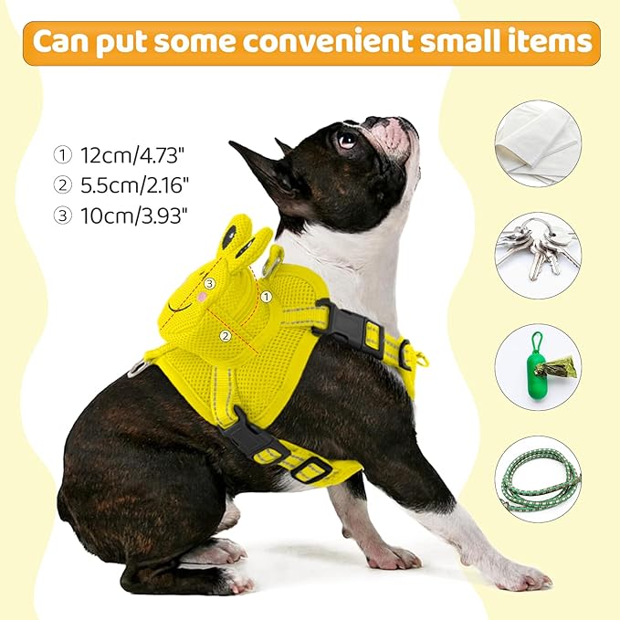 Dog Backpack Harness Dog Self Carrier Bag Adjustable No-Pull Pet Harness Vest Puppy Mesh Saddle Bag with D-Ring Cute Frog Backpack for Outdoor Travel Hiking Daily Walking Small Medium Dogs