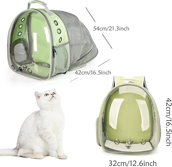 Cat Backpack Carrier Expandable Ventilate Transparent Pet Dog Backpack for Large Cats Hiking, Travel, Outdoor, Airline-Approved Space Capsule Backpack (Green)