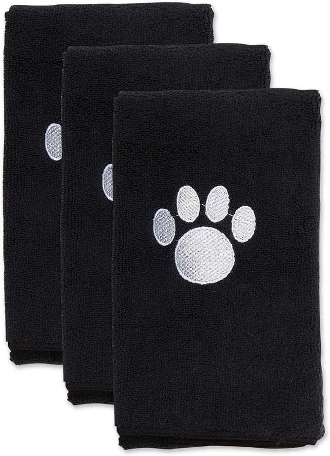 Bone Dry Pet Grooming Towel Collection Embroidered Absorbent Microfiber Drying Set 15x30, Black, 3 Count