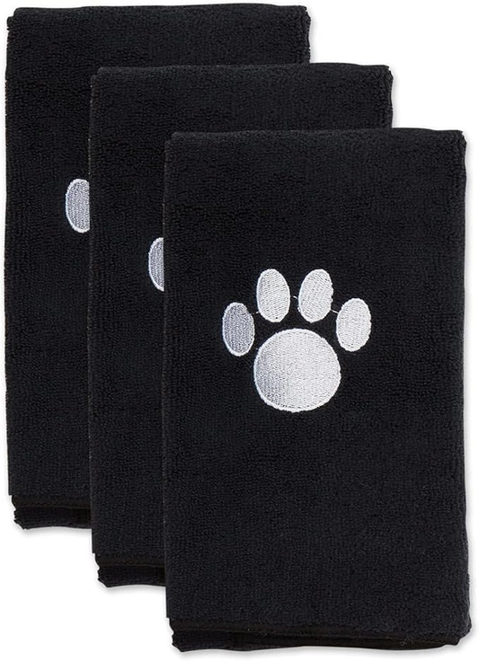 Bone Dry Pet Grooming Towel Collection Embroidered Absorbent Microfiber Drying Set 15x30, Black, 3 Count