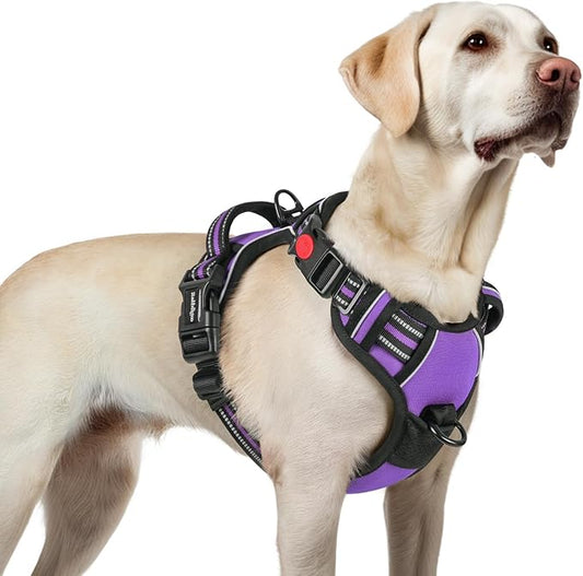 rabbitgoo Dog Harness for Large, No Pull Pet Harness with 3 Buckles, Adjustable Soft Padded Dog Vest with Instant Control Handle, Easy Walking Reflective Pet Vest for Large Dogs, Purple, L