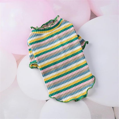 Small Medium Dog Clothes Rainbow Striped Dog Shirts Stretchable Long Sleeve Cat T-Shirt Pet Outfits for Chihuahua Yorkie Teddy (Green Edge