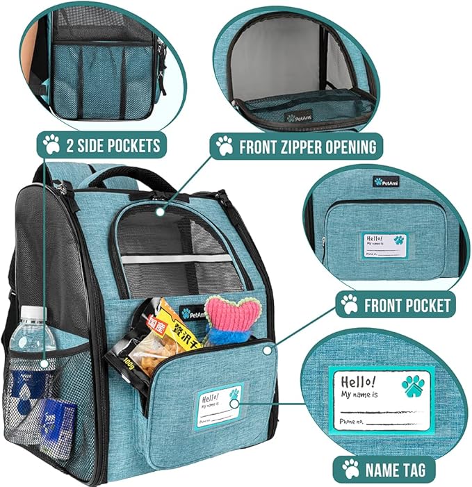 PetAmi Dog Backpack Carrier for Small Large Cat, Pet, Puppy, Ventilated Pet Hiking Backpack Travel Bag, Airline Approved Cat Backpack Carrier, Camping Biking Dog Bag Up to 18lbs Pet, Teal Turquoise