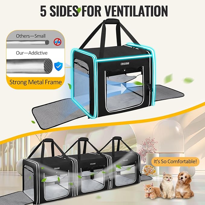 Petskd Combinable Pet Carrier for Large Cat or Medium Dog, 18"x17"x17" Large Cat Carrier for Car Travel, 2 Small Pet Soft Carrier with Food Bag, Bowl and Safety Locking Zippers for Vet, Camping