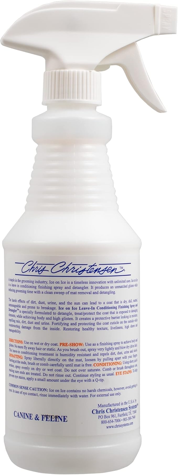 Chris Christensen Ice on Ice Detangler and Finishing Dog Spray, Groom Like a Professional, Ready to Use, Helps Brush/Comb Glide Through Coat, Conditions, No Residue, All Coat Types, Made in USA, 16 oz