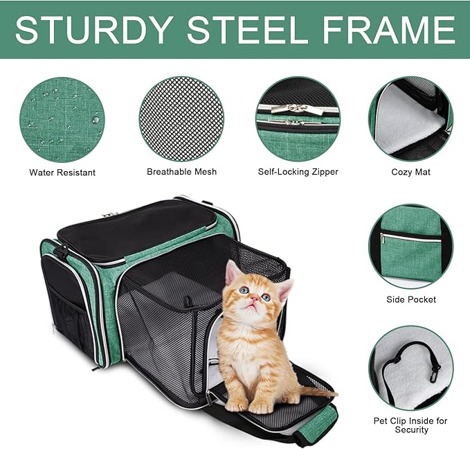 BAGLHER Cat Carrier Bag,Airline Approved Pet Carrier Soft Side Pet Travel 5 Sides Open Doors 3 Sides Expandable Foldable Dog Carrier with Fleece Pad