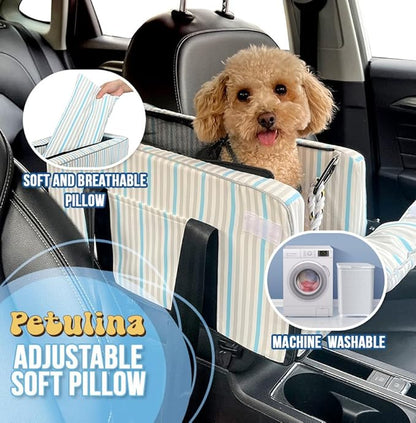 Dog Car Seats for Small Dogs with Toy Including, Console Dog Car Seat, Puppy Car Seat, Center Console Dog Car Seat Washable, Car Armrest Included Safety Tethers and Dog Toy by PETULINA (Blue)