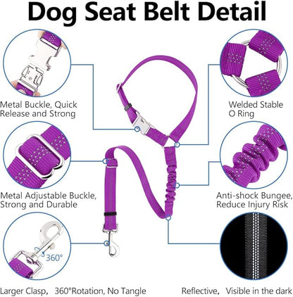 Plutus Pet Dog Seat Belt for Car Headrest, Reflective and Adjustable Restraint with Elastic Bungee for Safety, Vehicle Seatbelt Harness for Small Medium Large Dogs and Cats