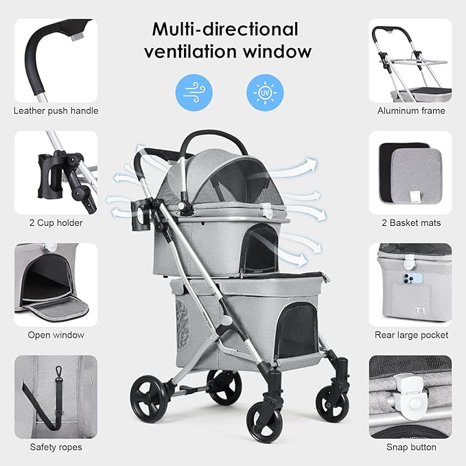 T1 Double Pet Stroller for 2 Small Dogs